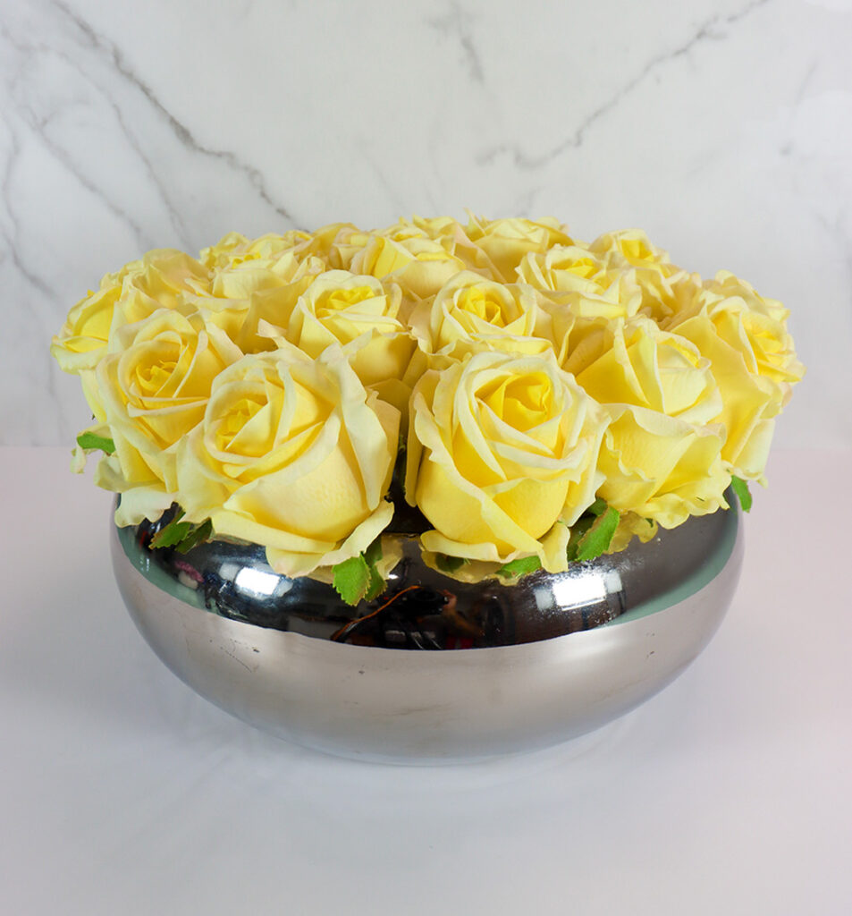 Ceramic Chrome Vase w/Yellow Roses | Modern Nature Fl.