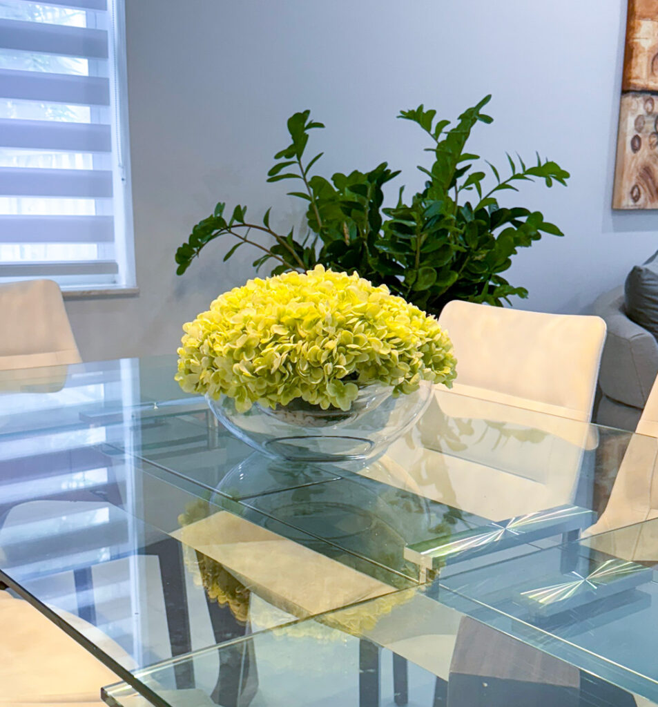 Glass Bird Bath Vase w/ Green Hydrangea | Modern Nature Fl.