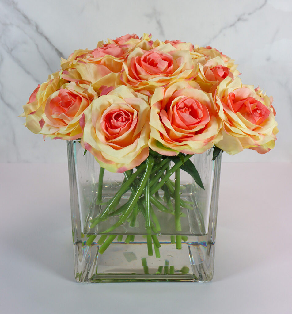 Glass Square Vase w/ Peach-Pink Roses | Modern Nature Fl.