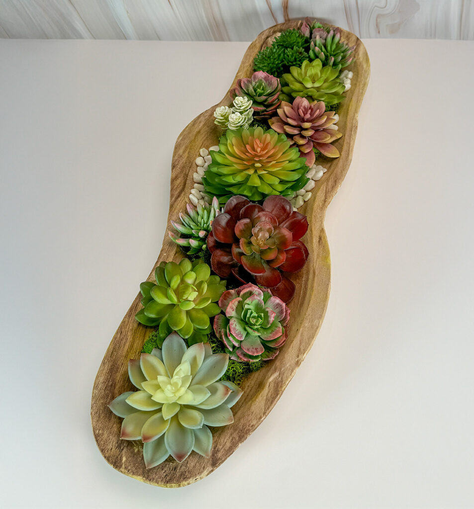 Long Wood Planter w/ Succulents and White Rock | Modern Nature Fl.