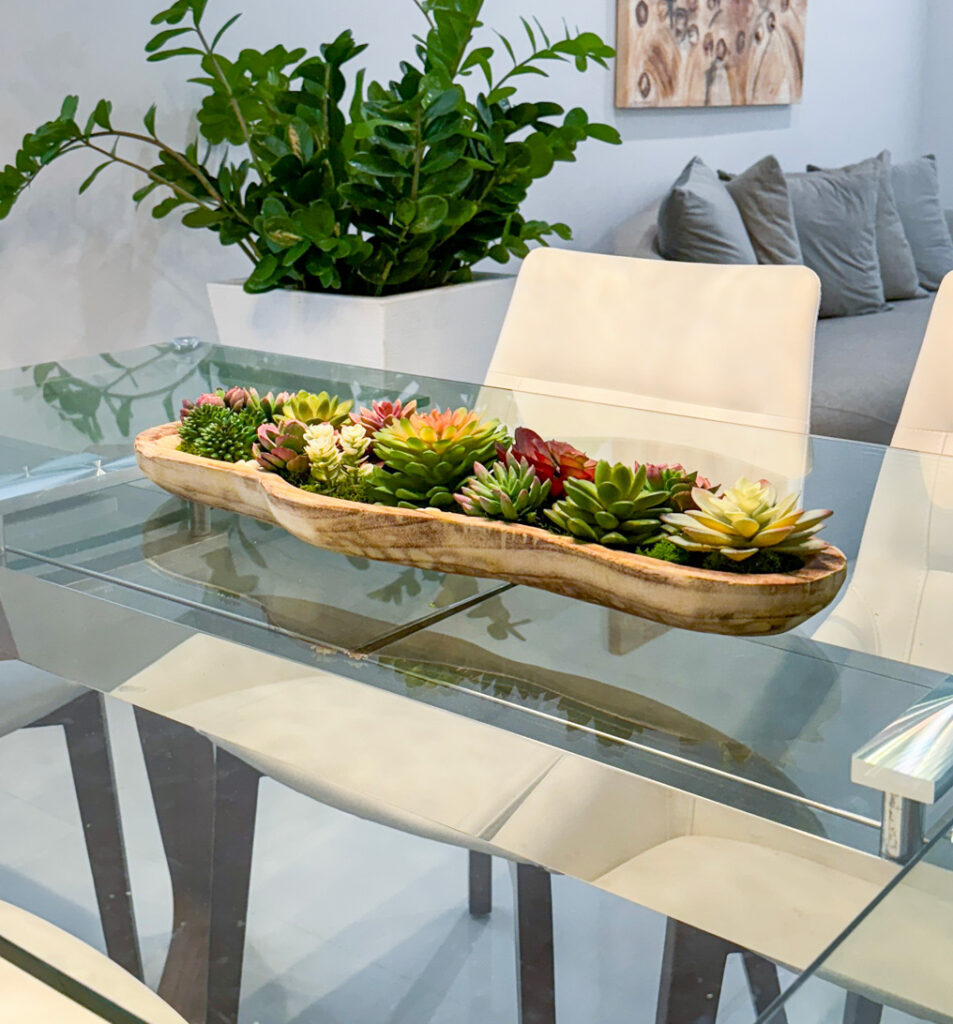 Long Wood Planter w/ Succulents and White Rock | Modern Nature Fl.
