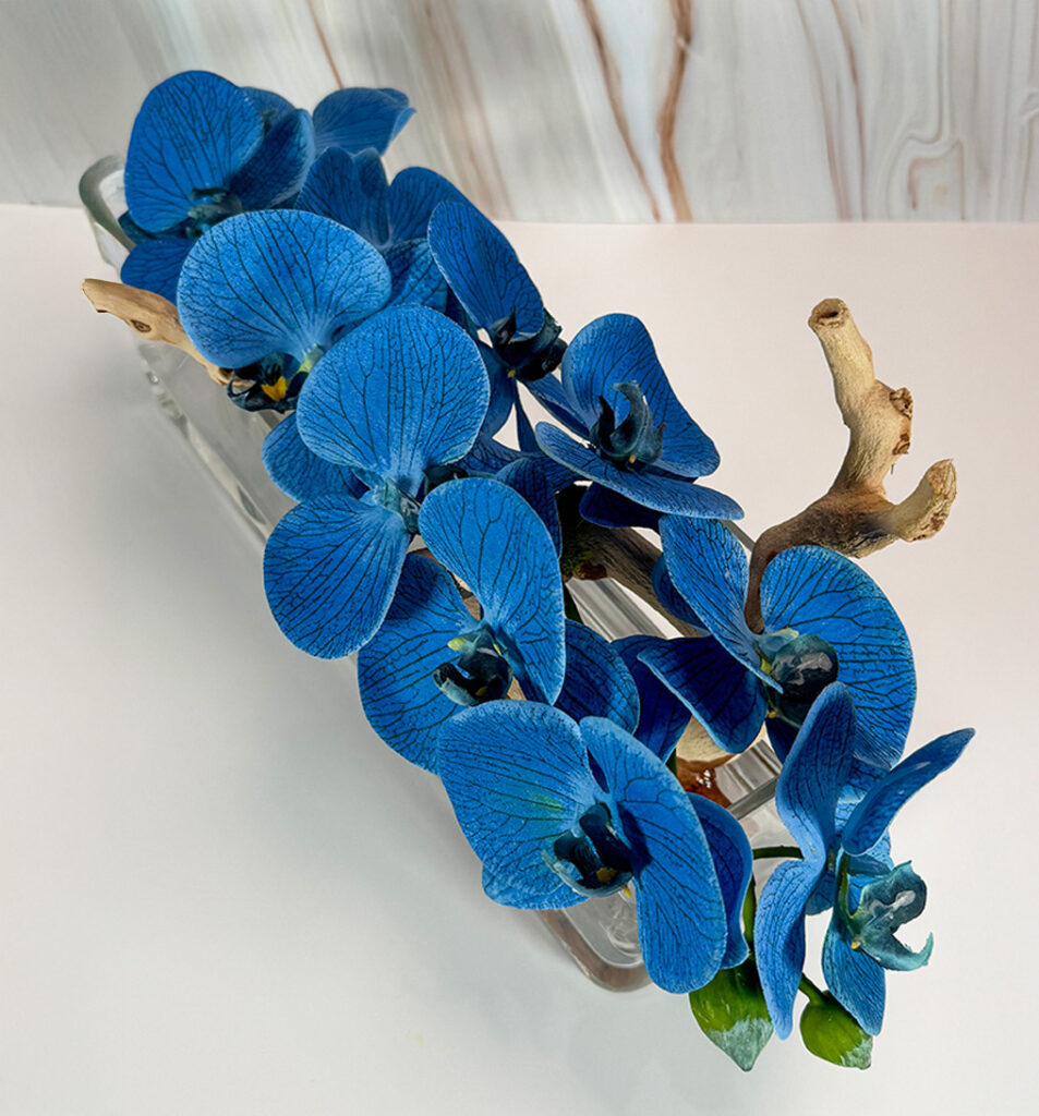 Rectangular Glass Vase w/ Blue Orchids, Wood Branch and Blue Quartz | Modern Nature Fl.