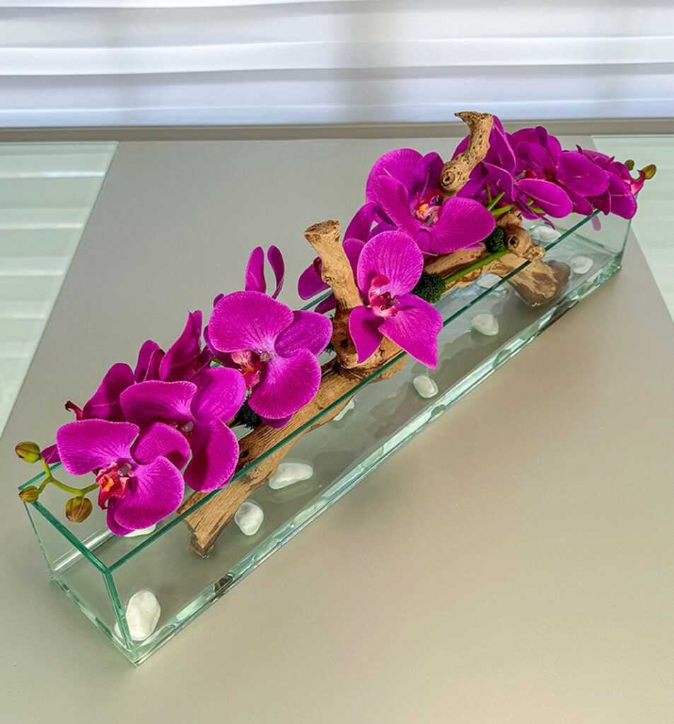 Rectangular Glass Vase w/ Wood Branch, Purple Orchids and White Rock | Modern Nature Fl.