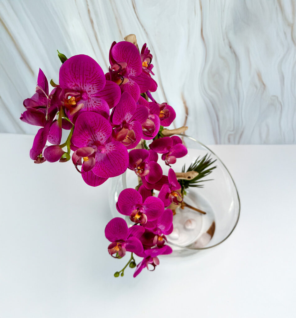 Slant Cristal Vase w/ Purple Orchids, Wood Branch,Succulent and Pick Quartz | Modern Nature Fl.