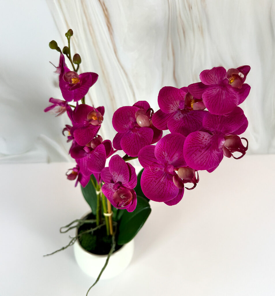 Small White Round Vase w/ Purple Orchids | Modern Nature Fl.